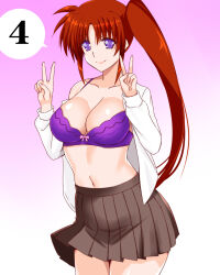 Rule 34 | 1girl, bra, breasts, brown hair, brown skirt, cleavage, closed mouth, collarbone, cowboy shot, double v, dress shirt, engo (aquawatery), floating hair, gradient background, hair between eyes, highres, large breasts, long hair, long sleeves, lyrical nanoha, mahou shoujo lyrical nanoha strikers, midriff, miniskirt, navel, open clothes, open shirt, pink background, pleated skirt, purple bra, purple eyes, shirt, side ponytail, skirt, smile, solo, speech bubble, standing, stomach, takamachi nanoha, underwear, v, white background, white shirt