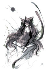 Rule 34 | 1girl, abstract, animal ears, cat ears, cat tail, greyscale, kei (keigarou), light smile, long hair, looking at viewer, monochrome, solo, tail, very long hair