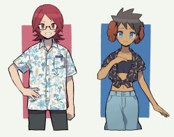 Rule 34 | 1boy, 1girl, blue eyes, breast pocket, closed mouth, collared shirt, creatures (company), denim, denim skirt, door scope, flipped hair, game freak, grin, hand on own hip, hawaiian shirt, highres, looking at viewer, midriff, navel, nintendo, pen, phoebe (pokemon), pocket, pokemon, pokemon dppt, pokemon rse, red eyes, red hair, roark (pokemon), shirt, short hair, short sleeves, skirt, smile, strapless, tied shirt, tube top, very short hair