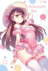 Rule 34 | 10s, 1girl, blush, breasts, character name, cleavage, detached sleeves, flower, hair flower, hair ornament, hat, long hair, love live!, love live! school idol festival, love live! sunshine!!, miazi, panties, pink theme, red hair, sakurauchi riko, smile, solo, straw hat, thighhighs, underwear, white panties, white thighhighs, yellow eyes