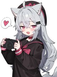 Rule 34 | 1girl, ahoge, animal ear fluff, animal ears, bandaid, bandaid on cheek, bandaid on face, beret, black hat, black sailor collar, black shirt, blush, bow, bowtie, camera, collar, commentary, crossed bangs, fang, fenrir (fenriluuu), grey hair, hair between eyes, hair ornament, hairpin, hands up, hat, hat bow, heart, highres, holding, holding camera, long hair, long sleeves, looking at viewer, nail polish, open mouth, original, pink bow, pink bowtie, pink eyes, pink nails, red collar, rir-chan, sailor collar, sailor shirt, school uniform, shirt, simple background, skin fang, smile, solo, spoken heart, standing, symbol-only commentary, tail, upper body, white background, wolf ears, wolf girl, wolf tail