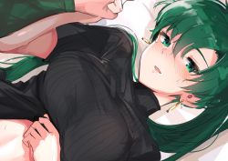 Rule 34 | 1girl, alternate costume, casual, clothes lift, fire emblem, green eyes, green hair, hair between eyes, highres, holding hands, lyn (fire emblem), nintendo, ormille, solo, solo focus