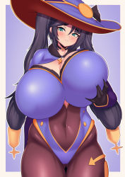 Rule 34 | 1girl, black hair, blush, bodystocking, breasts, choker, cleavage, genshin impact, gigantic breasts, gloves, green eyes, hat, highres, leotard, long hair, mona (genshin impact), pantyhose, solo, tailzkim, thick thighs, thighs, twintails, white background, wide hips, witch hat