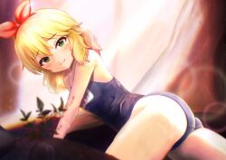 Rule 34 | 1girl, all fours, ass, blonde hair, blue one-piece swimsuit, bow, green eyes, hair bow, highres, idolmaster, idolmaster cinderella girls, looking at viewer, name tag, one-piece swimsuit, ribbon, rpbpc 8, sakurai momoka, school swimsuit, short hair, smile, solo, swimsuit, thighs