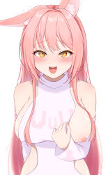 Rule 34 | 1girl, :d, animal ear fluff, animal ears, bare shoulders, black sports bra, blush, breasts, detached sleeves, goddess of victory: nikke, hair intakes, highres, large breasts, leona (nikke), long hair, looking at viewer, nipples, omochi popo, one breast out, open mouth, pink hair, pink nails, shirt, sideboob, sideless shirt, sidelocks, simple background, smile, sports bra, sweatdrop, tail, turtleneck, turtleneck shirt, white background, white shirt, yellow eyes