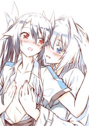 Rule 34 | 2girls, arm up, black hair, blue eyes, blush, collarbone, collared shirt, dress shirt, flat chest, hair between eyes, hair intakes, hair ribbon, hand on another&#039;s chest, hand on another&#039;s head, head tilt, long hair, long sleeves, looking at another, multiple girls, nose blush, open clothes, open mouth, open shirt, ore twintail ni narimasu, parted bangs, red eyes, ribbon, shirt, short sleeves, sidelocks, silver hair, simple background, sketch, smile, tsube aika, twintails, twoearle, upper body, white background, white ribbon, wing collar, yuri, yuto (dialique)