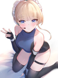 Rule 34 | 1girl, :o, absurdres, arm support, bare shoulders, black leotard, black socks, blonde hair, blue archive, blue eyes, blue leotard, braid, breasts, earpiece, elbow gloves, fingerless gloves, french braid, gloves, highleg, highleg leotard, highres, kneeling, large breasts, leotard, looking at viewer, maid headdress, over-kneehighs, parted lips, short hair, socks, solo, thigh strap, thighhighs, toki (blue archive), tokisaka makoto, w, white background
