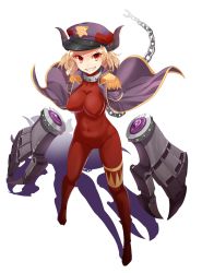 Rule 34 | 1girl, amputee, blonde hair, bodysuit, breasts, cape, chain, collar, collarbone, grin, horns, mx2j, navel, pointy ears, red eyes, sharp teeth, skin tight, slit pupils, smile, solo, spiked collar, spikes, teeth