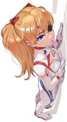 1girl, absurdres, blue eyes, bodysuit, breasts, evangelion: 3.0+1.0 thrice upon a time, eyepatch, from above, full body, hairpods, highres, interface headset, long hair, neon genesis evangelion, orange hair, pilot suit, plugsuit, rebuild of evangelion, small breasts, solo, soryu asuka langley, standing, two side up, white bodysuit, yonezawa mao
