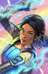 Rule 34 | 1girl, apex legends, arm cutout, black gloves, blue tank top, commentary, commission, conduit (apex legends), dark-skinned female, dark skin, earrings, electricity, english commentary, finger gun, fingerless gloves, floating hair, freckles, gloves, highres, jewelry, light smile, looking at viewer, medium hair, noush, second-party source, smile, solo, tank top, twitter username, watermark