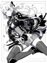 Rule 34 | 1girl, arm guards, boots, bow, breasts, cleavage, cleavage cutout, clothing cutout, coat, dress, fate/grand order, fate (series), fighting stance, greyscale, hair between eyes, hair bow, hair ornament, holding, holding sheath, holding sword, holding weapon, katana, koha-ace, large breasts, long hair, monochrome, okita souji (fate), okita souji alter (fate), open clothes, open coat, parted lips, ready to draw, ririko (zhuoyandesailaer), sheath, smile, solo, sword, tassel, thighhighs, very long hair, weapon
