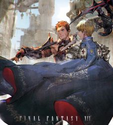 Rule 34 | 2boys, armor, blonde hair, blue eyes, cape, castle, character request, commentary request, final fantasy, final fantasy xiv, fingerless gloves, gloves, holding, multiple boys, orange hair, outdoors, short hair, smile, standing, ul&#039;dah, warrior of light (ff14), weapon, xiling