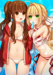 Rule 34 | 10s, 2girls, ahoge, arm hug, bad id, bad pixiv id, bare shoulders, bikini, blonde hair, braid, breasts, brown eyes, brown hair, cleavage, collarbone, commentary, criss-cross halter, english commentary, fate/extra, fate/grand order, fate (series), feeding, food, green eyes, groin, hair between eyes, hair intakes, halterneck, high ponytail, holding, holding food, jacket, karokuchitose, kishinami hakuno (female), large breasts, leaning forward, long hair, long sleeves, medium breasts, multiple girls, navel, nero claudius (fate), nero claudius (fate) (all), nero claudius (swimsuit caster) (fate), nero claudius (swimsuit caster) (third ascension) (fate), open clothes, open jacket, ponytail, popsicle, red jacket, see-through, sidelocks, striped bikini, striped clothes, swimsuit, very long hair, white bikini
