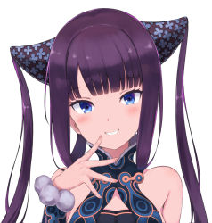 Rule 34 | 1girl, blue eyes, blunt bangs, fate/grand order, fate (series), fingernails, grin, long hair, portrait, purple hair, shimejirou (000kk), simple background, smile, solo, twintails, white background, yang guifei (fate), yang guifei (second ascension) (fate)