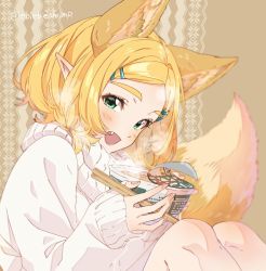 Rule 34 | 1girl, animal ears, blonde hair, blush, bowl, chopsticks, cup ramen, donbee (food), donbei kitsune udon, fang, fox ears, fox girl, fox tail, green eyes, hair ornament, hairclip, instant ramen, instant udon, knees to chest, long sleeves, looking at viewer, nintendo, nissin donbei, open mouth, parted bangs, patterned background, pointy ears, princess zelda, short hair, shuri (84k), sitting, smile, solo, steam, sweater, tail, the legend of zelda, the legend of zelda: breath of the wild, the legend of zelda: tears of the kingdom, thick eyebrows, twitter username, white sweater