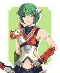 Rule 34 | 1other, absurdres, androgynous, armor, blue legwear, bow (weapon), braid, breastplate, clothing cutout, ememtrp, fingerless gloves, gauntlets, gloves, green background, green eyes, green hair, hair ornament, highres, juniper (xenoblade), medium hair, navel, navel cutout, orange armor, other focus, pale skin, self-upload, simple background, smile, weapon, xenoblade chronicles (series), xenoblade chronicles 3
