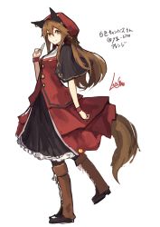 Rule 34 | &gt;:), 1girl, animal ears, black pantyhose, boots, breasts, brown eyes, brown footwear, brown hair, buttons, capelet, closed mouth, commentary request, dot nose, dress, earrings, frilled dress, frills, headdress, index finger raised, jewelry, knee boots, lansane, long hair, looking at viewer, medium breasts, original, pantyhose, red dress, signature, simple background, smile, solo, standing, standing on one leg, tail, translation request, tsana (lansane), v-shaped eyebrows, walking, white background, wolf ears, wolf tail, wristband