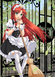 Rule 34 | 1girl, absurdres, alternate costume, apron, aqua eyes, bad id, blush, blush stickers, braid, breasts, broom, choker, cleavage, enmaided, entrance, finger to mouth, hand in mouth, high heels, highres, hong meiling, leaf, long hair, looking down, maid, maid apron, maid headdress, mary janes, medium breasts, meiki, miniskirt, open mouth, outdoors, plant, puffy short sleeves, puffy sleeves, red hair, ribbon-trimmed sleeves, ribbon choker, ribbon trim, shoes, short sleeves, skirt, skirt set, solo, star (symbol), thighhighs, touhou, twin braids, worried, wristband