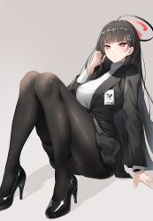 Rule 34 | 1girl, black hair, black jacket, black pantyhose, black skirt, black suit, blue archive, blush, breasts, commentary request, formal, hair ornament, hairclip, halo, high heels, highres, jacket, koflif, large breasts, long hair, long sleeves, looking at viewer, miniskirt, pantyhose, red eyes, revision, ribbed sweater, rio (blue archive), sitting, skirt, solo, suit, sweater, turtleneck, turtleneck sweater, white sweater