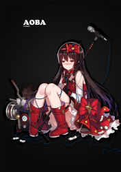 Rule 34 | 1girl, aoba (warship girls r), argyle, belt, black background, black gloves, blood, blush, boots, bow, bowtie, braid, broken, brown hair, burnt clothes, buttons, cannon, character name, detached sleeves, dress, earrings, electricity, feathers, fingerless gloves, fire, full body, gloves, gradient hair, hair bow, hair ornament, hair ribbon, hairband, heart, highres, holding, jewelry, lace, lace-trimmed dress, lace trim, long hair, microphone stand, multicolored hair, official art, panties, pantyshot, purple hair, red bow, red bowtie, red dress, red eyes, red footwear, red hair, red panties, red ribbon, ribbon, ribbon-trimmed sleeves, ribbon trim, scratches, shi-chen, simple background, sitting, sleeveless, sleeveless dress, smile, smoke, solo, speaker, string, tears, torn clothes, twin braids, underwear, upskirt, warship girls r, wrist cuffs
