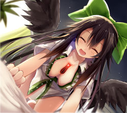 Rule 34 | 1girl, ^ ^, barefoot, bed sheet, black hair, black wings, blouse, blush, bow, breasts, cleavage, closed eyes, collarbone, downblouse, efe, green bow, hair bow, happy, large breasts, long hair, no pants, open clothes, open mouth, open shirt, panties, reiuji utsuho, shirt, short sleeves, sidelocks, sky, smile, solo, star (sky), starry sky, touhou, underwear, white panties, white shirt, wings