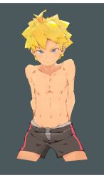 Rule 34 | artist request, black shorts, blonde hair, blue eyes, boruto: naruto next generations, highres, male focus, male underwear, male underwear peek, naruto (series), shorts, simple background, source request, tagme, topless male, underwear, uzumaki boruto
