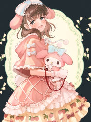 Rule 34 | :d, blush, bow hairband, brown hair, capelet, crossover, dress, finger ribbon, food print, frilled capelet, frilled dress, frills, gloves, hairband, highres, hug, hugging object, idolmaster, idolmaster cinderella girls, lolita fashion, looking at viewer, my melody, omisoshiru, onegai my melody, open mouth, pink capelet, pink dress, print dress, sakuma mayu, sanrio, smile, strawberry print, sweet lolita, white gloves