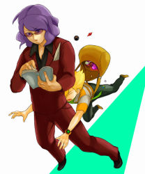Rule 34 | 00s, 2boys, artist request, bag, barry (pokemon), blonde hair, book, bookbag, collide, collision, creatures (company), elite four, formal, game freak, glasses, goyo (pokemon), holding, holding book, lucian (pokemon), luxury ball, male focus, multiple boys, nintendo, open bag, open book, poke ball, pokemon, pokemon dppt, poketch, potion, purple hair, rope, source request, suit, thud, watch, wristwatch