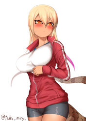 Rule 34 | 1girl, :c, alternate breast size, arm behind back, bike shorts, black shorts, blonde hair, blush, breasts, closed mouth, commentary request, cowboy shot, full-length zipper, gym shirt, gym uniform, hair between eyes, highres, jacket, kashisu mint, kemono friends, king cobra (kemono friends), large breasts, long hair, long sleeves, looking at viewer, multicolored hair, official alternate costume, pants, partially unzipped, pink hair, red jacket, red pants, shirt, shorts, simple background, snake tail, solo, sweat, tail, tan, taut clothes, taut shirt, track jacket, twintails, twitter username, two-tone hair, very long hair, white background, white shirt, yellow eyes, zipper