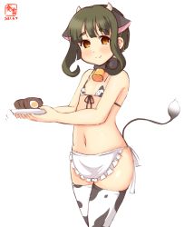 Rule 34 | alternate costume, animal ears, animal print, apron, artist logo, bell, bikini, bob cut, braid, brown eyes, commentary request, covered erect nipples, cow ears, cow horns, cow print, cow tail, cowbell, cowboy shot, dated, fake animal ears, fake horns, food, frilled apron, frills, green hair, highres, horns, kanon (kurogane knights), kantai collection, micro bikini, navel, one-hour drawing challenge, short hair, short hair with long locks, sidelocks, simple background, solo, standing, swimsuit, tail, takanami (kancolle), thighhighs, waist apron, white apron, white background, white bikini, white thighhighs