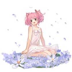 Rule 34 | 1girl, :d, absurdres, alternate costume, bare arms, bare shoulders, bow, bowtie, choker, dress, falling petals, field, flower, flower field, frilled dress, frills, hair ribbon, highres, kaname madoka, mahou shoujo madoka magica, mahou shoujo madoka magica (anime), open mouth, petals, pink hair, red eyes, ribbon, seiza, shan tong tong, short hair, short twintails, signature, sitting, sleeveless, sleeveless dress, smile, solo, sundress, twintails, white bow, white bowtie, white choker, white dress, white flower