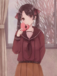 Rule 34 | 10s, 1girl, arm behind back, belt, black hair, black ribbon, blush, bow, box, brown eyes, brown skirt, closed mouth, collarbone, cowboy shot, curtains, eyebrows, flower, gift, glass, hair bow, hand up, head tilt, heart-shaped box, holding, holding gift, indoors, kantai collection, long hair, long sleeves, looking at viewer, mikuma (kancolle), nagidango, parted bangs, pleated skirt, red bow, red shirt, ribbon, school uniform, serafuku, shirt, skirt, smile, solo, tree, twintails, valentine, window