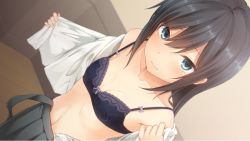 Rule 34 | 10s, 1girl, asashio (kancolle), black bra, black hair, blue eyes, blush, bow, bow bra, bra, collarbone, dress shirt, dutch angle, from above, grey skirt, indoors, kantai collection, lace, lace bra, long hair, looking at viewer, looking up, nagami yuu, open clothes, open shirt, pleated skirt, shirt, skirt, smile, solo, underwear, undressing, upper body