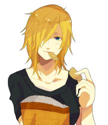 Rule 34 | 1girl, blonde hair, blue eyes, chips (food), collarbone, eating, food, hair over one eye, jormungand (manga), looking at viewer, mouth hold, potato chips, schokolade, shinonome rokka, simple background, solo, upper body, white background