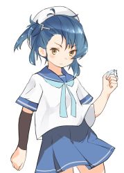 Rule 34 | 1girl, arm warmers, blue hair, blue neckerchief, blue sailor collar, blue skirt, brown eyes, clenched hand, cowboy shot, crime prevention buzzer, fukae (kancolle), hat, kantai collection, looking at viewer, neckerchief, pleated skirt, sailor collar, sailor hat, school uniform, serafuku, short hair, simple background, single arm warmer, skirt, solo, white background, white hat, yamaioni (sasakama), yellow eyes