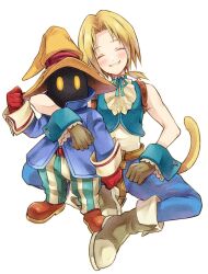 Rule 34 | 2boys, arm around shoulder, ascot, belt, belt buckle, black mage (final fantasy), blonde hair, blue jacket, blue ribbon, blue vest, blush, boots, brown footwear, brown gloves, buckle, closed eyes, commentary request, final fantasy, final fantasy ix, gloves, hat, highres, jacket, low ponytail, monkey tail, multiple boys, neck ribbon, pants, parted lips, quichi 91, ribbon, sitting, smile, standing, striped clothes, striped pants, tail, vest, vivi ornitier, white background, wizard hat, yellow eyes, zidane tribal