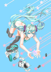 Rule 34 | 1girl, bra, butt crack, colored eyelashes, green eyes, green hair, hatsune miku, highres, long hair, matching hair/eyes, panties, pi (pppppchang), side-tie panties, solo, spacesuit, star (symbol), striped bra, striped clothes, striped panties, thighhighs, twintails, underwear, very long hair, vocaloid