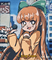 Rule 34 | 1980s (style), 1girl, :d, bow, brown hair, building, city, day, english text, green bow, hair bow, highres, indie utaite, indie virtual youtuber, l.yusa, long hair, microphone, nanahira, oldschool, open mouth, orange eyes, recording, retro artstyle, smile, sweater, very long hair, virtual youtuber