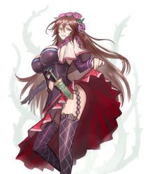 Rule 34 | 10s, 1girl, :d, bare shoulders, black thighhighs, breasts, brown hair, capelet, clothes lift, cowboy shot, dress, dress lift, flower, from side, garter straps, granblue fantasy, hair between eyes, hair flower, hair ornament, jonylaser, knife, large breasts, lifted by self, long hair, long sleeves, looking at viewer, looking to the side, midriff, open mouth, purple eyes, purple flower, purple rose, rose, rosetta (granblue fantasy), sheath, sheathed, smile, solo, thighhighs, very long hair