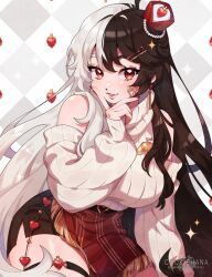 Rule 34 | 1girl, black hair, blush, breasts, commission, cookie hana, detached sleeves, grey hair, hair ornament, hairclip, highres, large breasts, lips, long hair, looking at viewer, multicolored hair, original, parted lips, red eyes, red nails, smile, solo