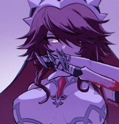 Rule 34 | 1girl, bad id, bad twitter id, blood, bloody weapon, breasts, claw ring, commentary, dagger, dress, english commentary, genshin impact, grey background, habit, hair over one eye, holding, holding dagger, holding knife, holding weapon, knife, large breasts, mao (expuella), pink eyes, purple hair, rosaria (genshin impact), short hair, simple background, solo, twitter username, upper body, weapon