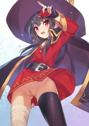 Rule 34 | 10s, 1girl, bandaged leg, bandages, belt, belt buckle, black gloves, black hair, black thighhighs, blush, buckle, cape, censored, dress, eyebrows, female focus, fingerless gloves, from below, gloves, gluteal fold, hat, highres, holding, kono subarashii sekai ni shukufuku wo!, long sleeves, looking at viewer, megumin, mosaic censoring, no panties, open mouth, pussy, red dress, red eyes, shinonome tomo, short hair, single thighhigh, solo, standing, star (symbol), starry background, tears, thighhighs, underwear, upskirt, witch hat