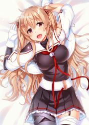 Rule 34 | 1girl, armpit peek, asymmetrical clothes, bed sheet, belt, black pantyhose, black serafuku, black skirt, blush, bodysuit, breasts, covered erect nipples, cowboy shot, garter straps, gloves, hair flaps, hair ornament, hairclip, interstellar, kantai collection, large breasts, light brown hair, long hair, looking at viewer, lying, murasame (kancolle), on back, on bed, open mouth, pantyhose, school uniform, serafuku, skirt, solo, tongue, twintails, two side up, upper body, white belt, white gloves