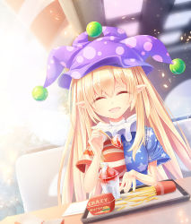 Rule 34 | 1girl, :d, american flag dress, blonde hair, breasts, burger, clownpiece, fangs, food, french fries, hat, ice cream, jester cap, long hair, medium breasts, open mouth, pointy ears, smile, solo, sundae, touhou, very long hair, z.o.b