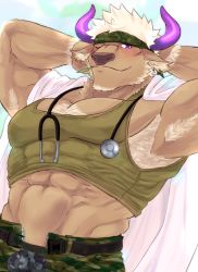 Rule 34 | 1boy, abs, animal ears, armpit hair, armpits, bara, boxers, bulge, chest hair, coat, unworn coat, cow boy, cow ears, cow horns, doctor, facial hair, furry, furry male, goatee, green tank top, gumiten, highres, horns, lab coat, large pectorals, male focus, male underwear, manly, midriff peek, muscular, navel, one eye closed, open pants, pants, pectorals, purple eyes, purple horns, shennong (housamo), short hair, sideburns, solo, stethoscope, tank top, tokyo houkago summoners, underwear, undressing, white hair