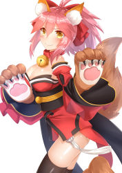 Rule 34 | 1girl, absurdres, animal ears, bell, neck bell, breasts, cleavage, collar, fate/grand order, fate (series), fox ears, fox tail, hair ribbon, highres, japanese clothes, large breasts, long hair, looking at viewer, pink hair, ribbon, simple background, sll, solo, tail, tamamo (fate), tamamo cat (fate), tamamo no mae (fate/extra), thighhighs, white background, yellow eyes