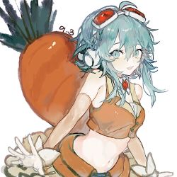 Rule 34 | 1girl, ahoge, breasts, brk93, carrot, chinese commentary, cleavage, commentary request, dated, gloves, goggles, goggles on head, green eyes, green hair, gumi, hair between eyes, headphones, highres, medium breasts, open mouth, orange vest, short hair with long locks, simple background, smile, solo, vest, vocaloid, white background, white gloves