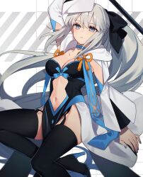 Rule 34 | 1girl, arm up, black bow, black dress, black thighhighs, blue choker, blue nails, bow, braid, breasts, choker, cleavage, clothing cutout, commentary request, dress, fate/grand order, fate (series), fingernails, french braid, grey eyes, grey hair, hair between eyes, hair bow, high heels, highres, holding, holding weapon, long hair, looking at viewer, medium breasts, morgan le fay (fate), navel, pelvic curtain, ponytail, sidelocks, solo, stomach, stomach cutout, thighhighs, two-tone dress, uxco0, very long hair, weapon, white dress