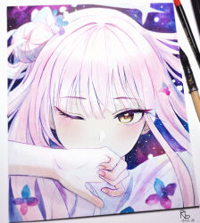 Rule 34 | 1girl, absurdres, art tools in frame, blue archive, covered mouth, flower, galaxy background, gangbyeon, hair bun, hair flower, hair ornament, highres, korean commentary, light blush, long hair, looking at viewer, mika (blue archive), one eye closed, painting (medium), photo (medium), pink hair, portrait, purple background, signature, single side bun, solo, traditional media, twitter username, yellow eyes