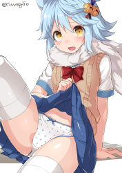 Rule 34 | 1girl, alternate costume, animal ears, arm support, azur lane, bell, blue bow, blue hair, blue skirt, blush, bow, bow panties, bowtie, brown sweater, clothes lift, commentary request, embarrassed, fang, fubuki (5 minutes till i&#039;m late) (azur lane), fubuki (azur lane), hair bell, hair between eyes, hair ornament, jingle bell, knee up, lifting own clothes, long hair, looking at viewer, medium skirt, open mouth, panties, pleated skirt, polka dot, polka dot panties, red bow, red bowtie, scarf, school uniform, shiny skin, shirt, shoes, short sleeves, simple background, sitting, skirt, skirt lift, solo, sweater, sweater vest, thighhighs, thighs, torimaru, twitter username, underwear, white background, white panties, white shirt, white thighhighs, yellow eyes